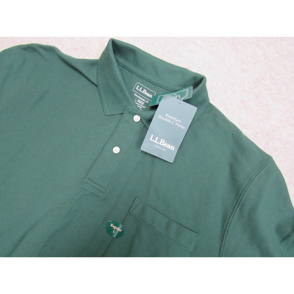 LL Bean Mens Premium Double L Polo Shirt Green Cotton Pique Pocket Large 300457